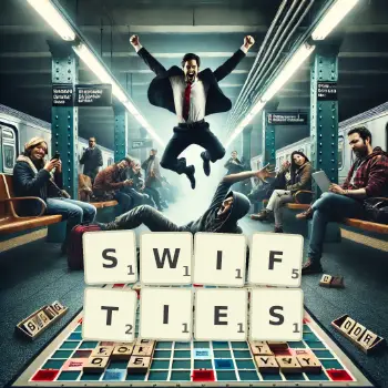 Creative illustration for a Scrabble game with the word SWIFTIES spelled out in tiles on the board.