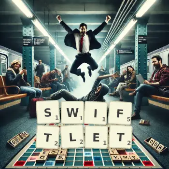 Creative illustration for a Scrabble game with the word SWIFTLET spelled out in tiles on the board.