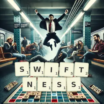 Creative illustration for a Scrabble game with the word SWIFTNESS spelled out in tiles on the board.