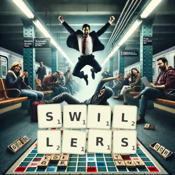 Creative illustration for a Scrabble game with the word SWILLERS spelled out in tiles on the board.