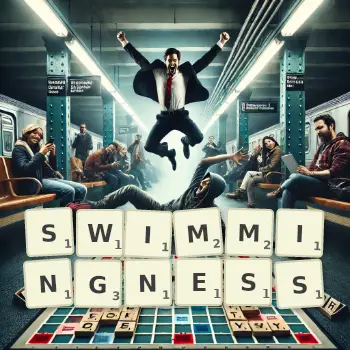 Creative illustration for a Scrabble game with the word SWIMMINGNESS spelled out in tiles on the board.