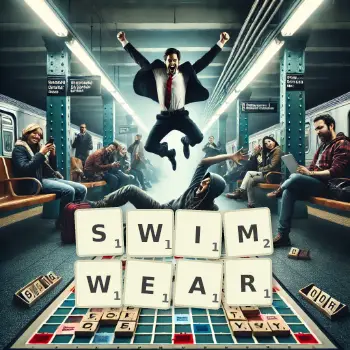 Creative illustration for a Scrabble game with the word SWIMWEAR spelled out in tiles on the board.