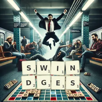 Creative illustration for a Scrabble game with the word SWINDGES spelled out in tiles on the board.