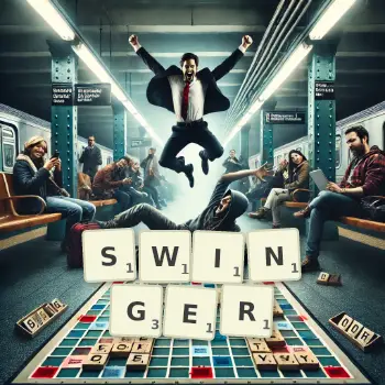 Creative illustration for a Scrabble game with the word SWINGER spelled out in tiles on the board.