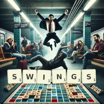 Creative illustration for a Scrabble game with the word SWINGS spelled out in tiles on the board.