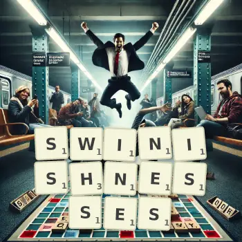 Creative illustration for a Scrabble game with the word SWINISHNESSES spelled out in tiles on the board.