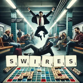 Creative illustration for a Scrabble game with the word SWIRES spelled out in tiles on the board.