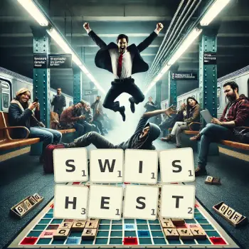Creative illustration for a Scrabble game with the word SWISHEST spelled out in tiles on the board.