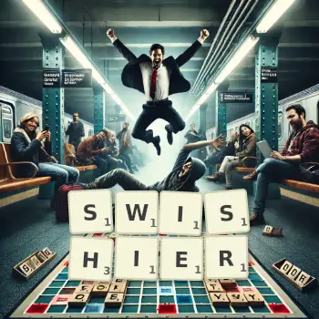 Creative illustration for a Scrabble game with the word SWISHIER spelled out in tiles on the board.