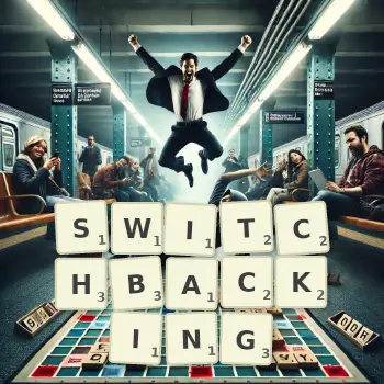 Creative illustration for a Scrabble game with the word SWITCHBACKING spelled out in tiles on the board.
