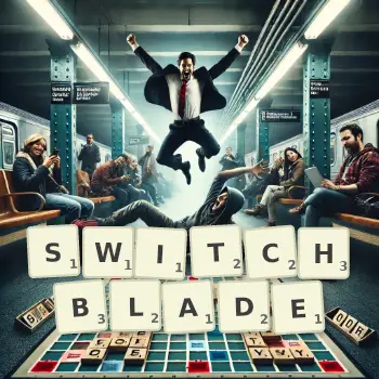 Creative illustration for a Scrabble game with the word SWITCHBLADE spelled out in tiles on the board.