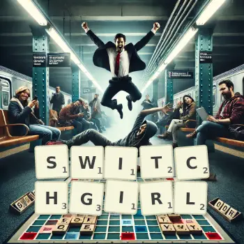 Creative illustration for a Scrabble game with the word SWITCHGIRL spelled out in tiles on the board.