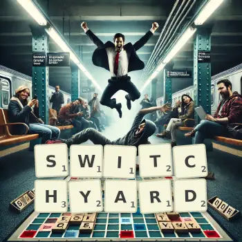 Creative illustration for a Scrabble game with the word SWITCHYARD spelled out in tiles on the board.