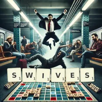 Creative illustration for a Scrabble game with the word SWIVES spelled out in tiles on the board.