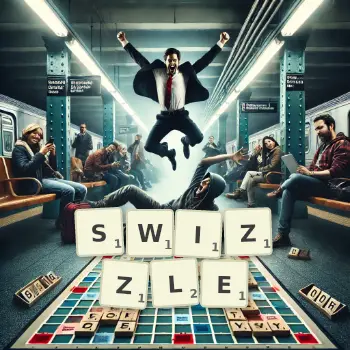 Creative illustration for a Scrabble game with the word SWIZZLE spelled out in tiles on the board.