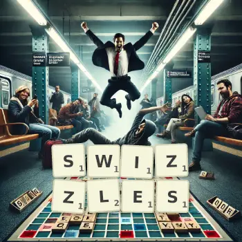 Creative illustration for a Scrabble game with the word SWIZZLES spelled out in tiles on the board.