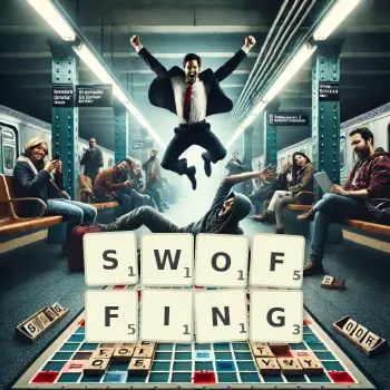 Creative illustration for a Scrabble game with the word SWOFFING spelled out in tiles on the board.
