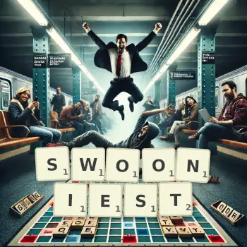 Creative illustration for a Scrabble game with the word SWOONIEST spelled out in tiles on the board.