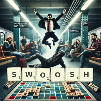 Creative illustration for a Scrabble game with the word SWOOSH spelled out in tiles on the board.