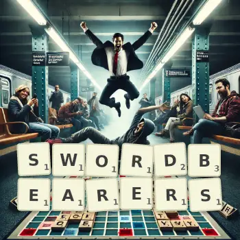 Creative illustration for a Scrabble game with the word SWORDBEARERS spelled out in tiles on the board.