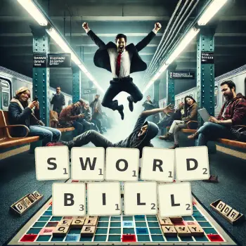 Creative illustration for a Scrabble game with the word SWORDBILL spelled out in tiles on the board.