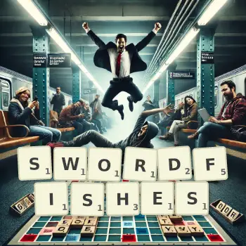 Creative illustration for a Scrabble game with the word SWORDFISHES spelled out in tiles on the board.