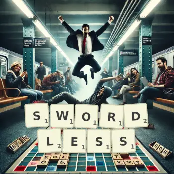 Creative illustration for a Scrabble game with the word SWORDLESS spelled out in tiles on the board.