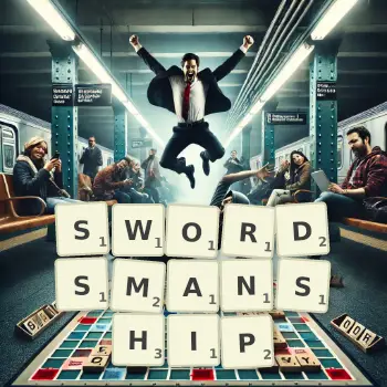 Creative illustration for a Scrabble game with the word SWORDSMANSHIP spelled out in tiles on the board.