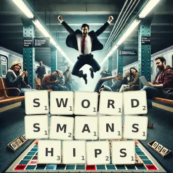 Creative illustration for a Scrabble game with the word SWORDSMANSHIPS spelled out in tiles on the board.