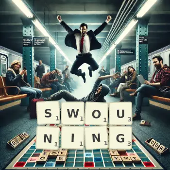 Creative illustration for a Scrabble game with the word SWOUNING spelled out in tiles on the board.