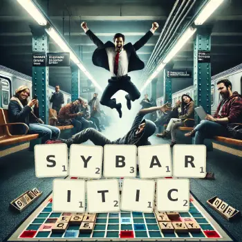 Creative illustration for a Scrabble game with the word SYBARITIC spelled out in tiles on the board.