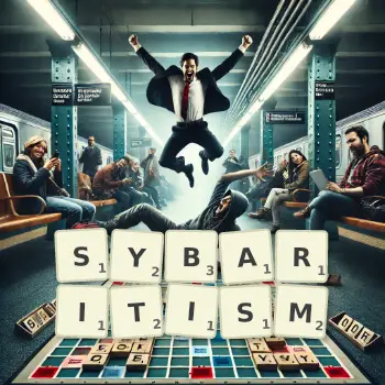 Creative illustration for a Scrabble game with the word SYBARITISM spelled out in tiles on the board.