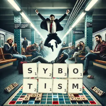 Creative illustration for a Scrabble game with the word SYBOTISM spelled out in tiles on the board.