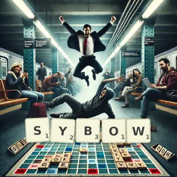 Creative illustration for a Scrabble game with the word SYBOW spelled out in tiles on the board.