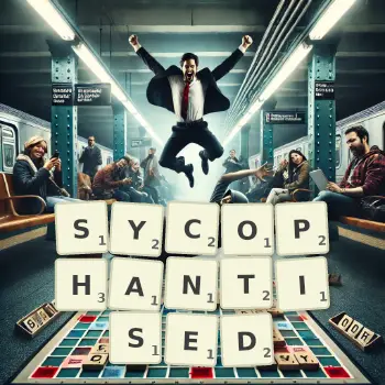 Creative illustration for a Scrabble game with the word SYCOPHANTISED spelled out in tiles on the board.