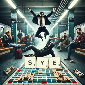 Creative illustration for a Scrabble game with the word SYE spelled out in tiles on the board.