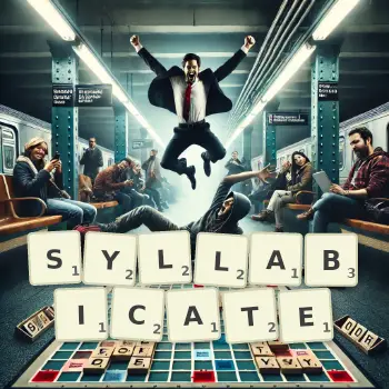 Creative illustration for a Scrabble game with the word SYLLABICATE spelled out in tiles on the board.