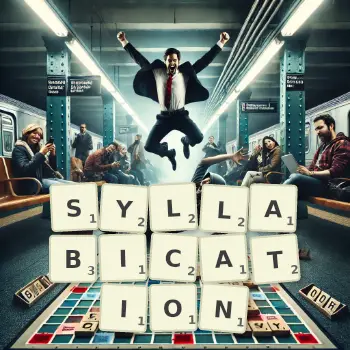 Creative illustration for a Scrabble game with the word SYLLABICATION spelled out in tiles on the board.