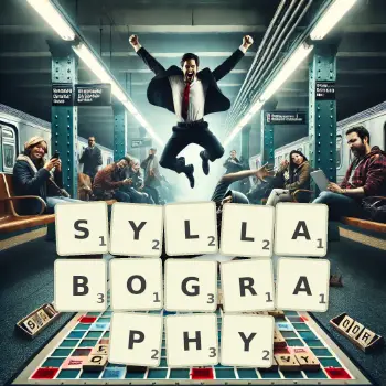 Creative illustration for a Scrabble game with the word SYLLABOGRAPHY spelled out in tiles on the board.
