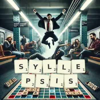 Creative illustration for a Scrabble game with the word SYLLEPSIS spelled out in tiles on the board.