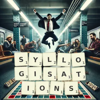 Creative illustration for a Scrabble game with the word SYLLOGISATIONS spelled out in tiles on the board.