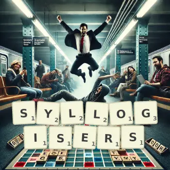 Creative illustration for a Scrabble game with the word SYLLOGISERS spelled out in tiles on the board.