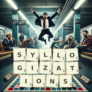 Creative illustration for a Scrabble game with the word SYLLOGIZATIONS spelled out in tiles on the board.