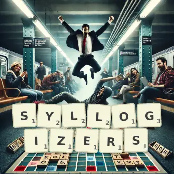 Creative illustration for a Scrabble game with the word SYLLOGIZERS spelled out in tiles on the board.