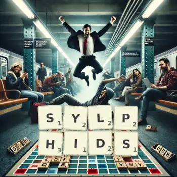 Creative illustration for a Scrabble game with the word SYLPHIDS spelled out in tiles on the board.