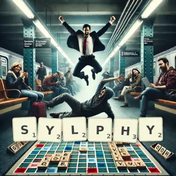 Creative illustration for a Scrabble game with the word SYLPHY spelled out in tiles on the board.