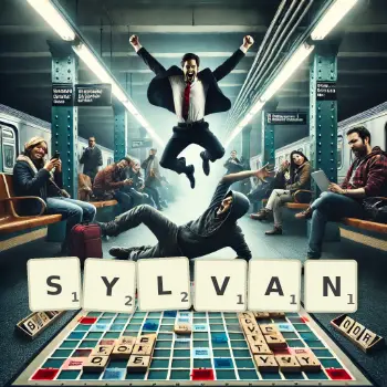 Creative illustration for a Scrabble game with the word SYLVAN spelled out in tiles on the board.
