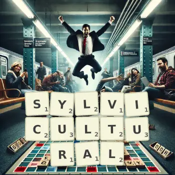 Creative illustration for a Scrabble game with the word SYLVICULTURAL spelled out in tiles on the board.