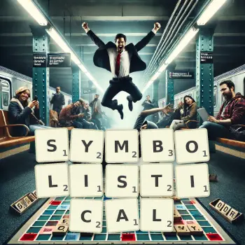 Creative illustration for a Scrabble game with the word SYMBOLISTICAL spelled out in tiles on the board.