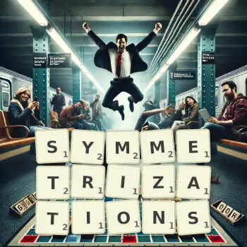 Creative illustration for a Scrabble game with the word SYMMETRIZATIONS spelled out in tiles on the board.
